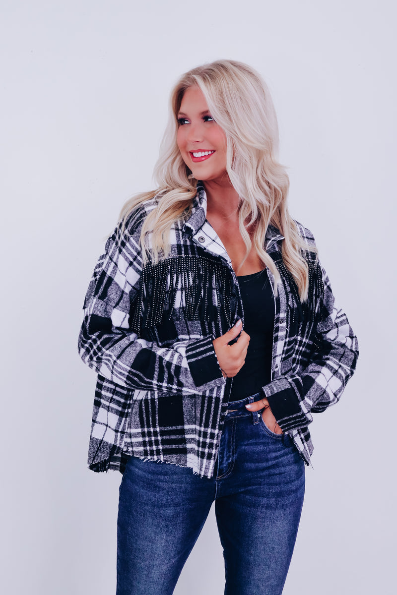 Lawson Plaid Flannel Fringe Shacket Black/White Whiskey Darling