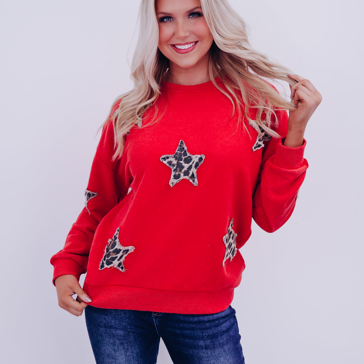 Grey sweatshirt with star patches on sleeves (also available in PLUS SIZE)