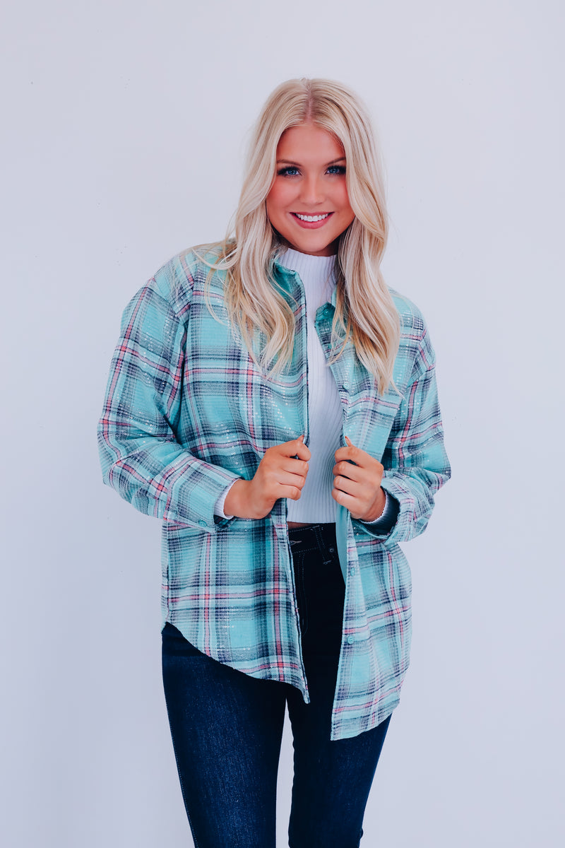 Portia Plaid Sequined Shacket Mint Whiskey Darling Boutique