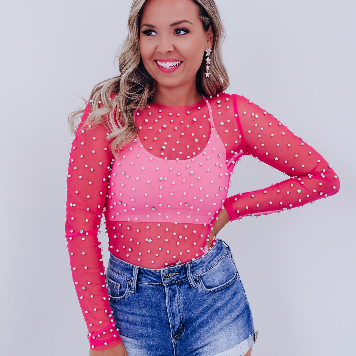 Pearly Rhinestone Mesh Crop Top - Pink  Whiskey Darling Boutique