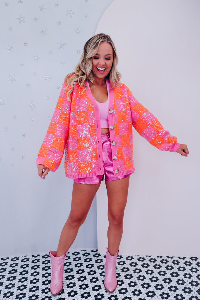 Noticed in Neon Checkered Cardigan in Pink and Orange – Statement Boutique