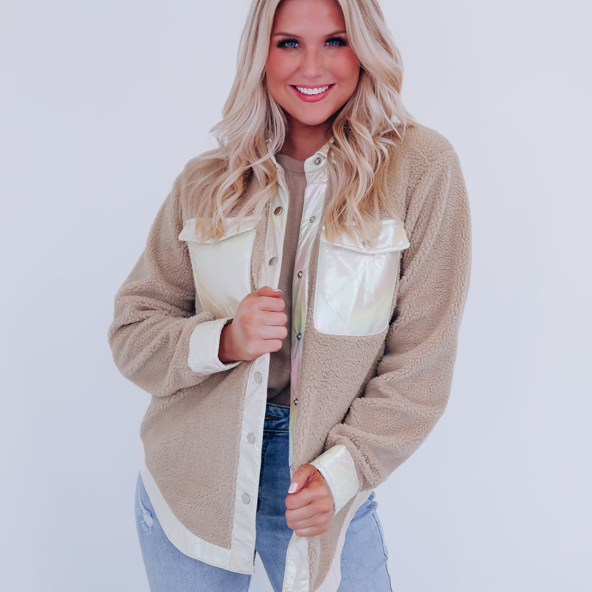 Mystic Metallic Sherpa Shacket - Tan – Whiskey Darling Boutique
