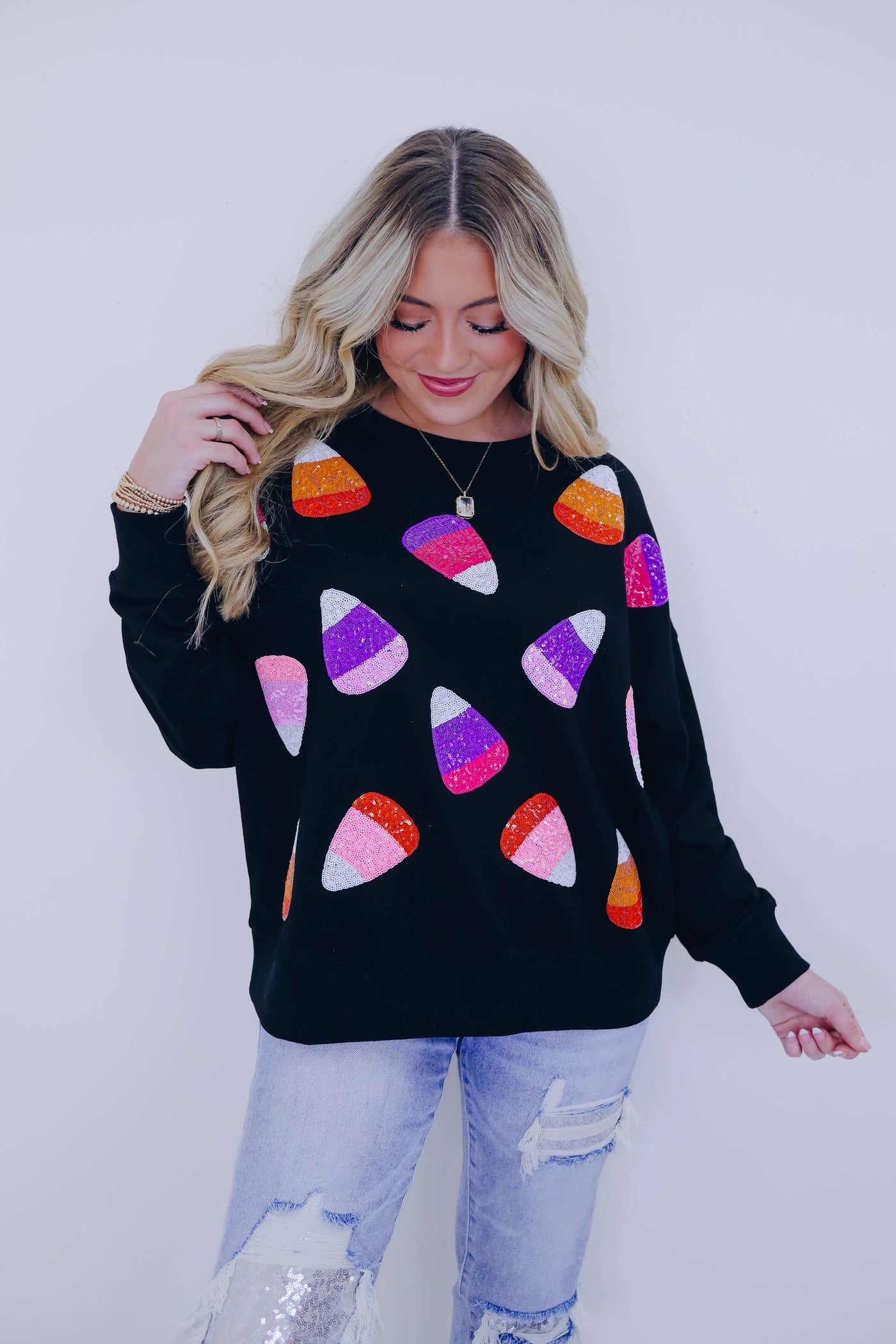 Candy Cane Sequin Dropped Shoulder Sweatshirt