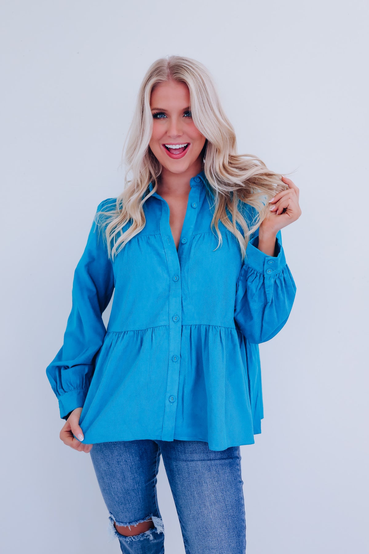 Kendra Micro Corduroy Baby Doll Top - Teal – Whiskey Darling Boutique