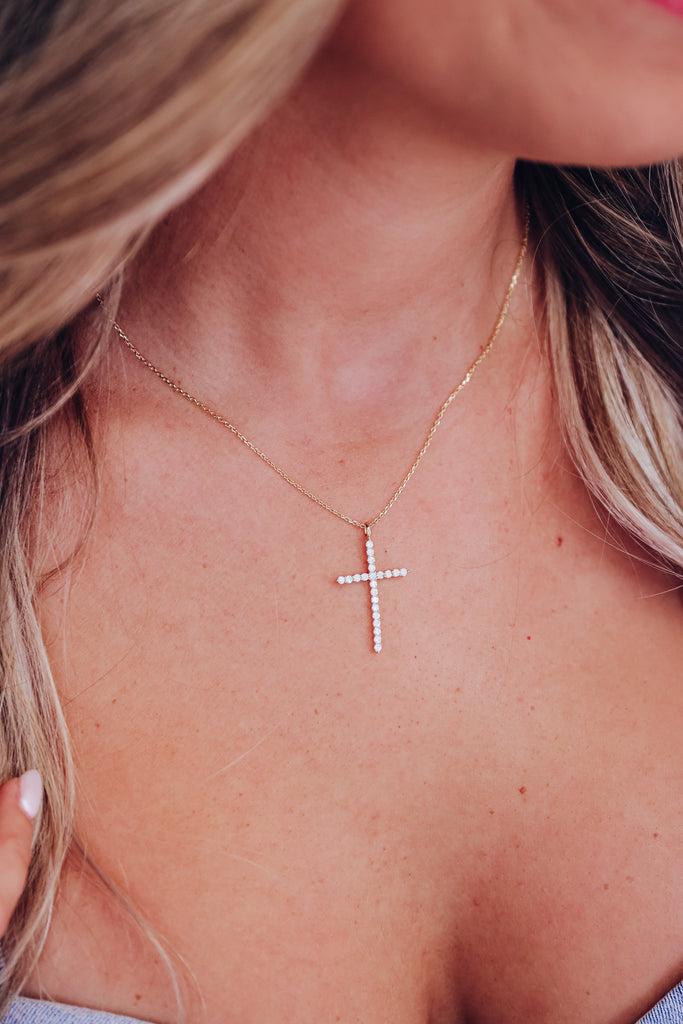 Pave Rhinestone Cross Pendant Necklace Gold Whiskey Darling Boutique