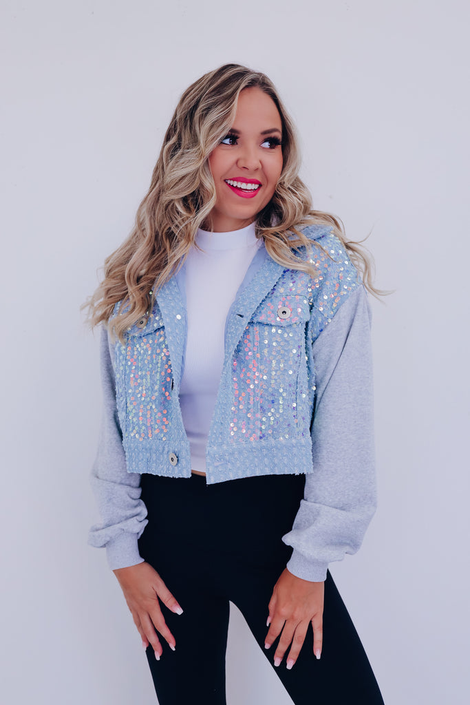 Shai Sequin Cropped Hoodie Light Blue Whiskey Darling Boutique
