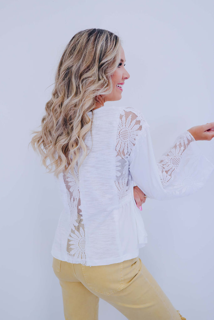 POL Lace Detail V-Neck Flare Sleeve Blouse
