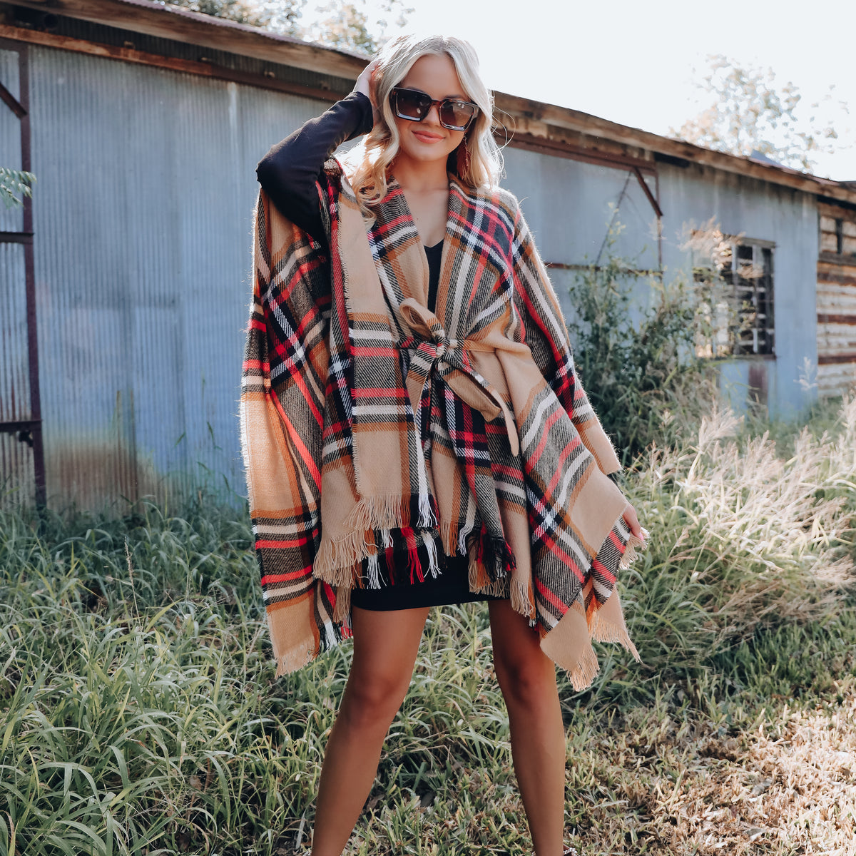 Ruana Belted Plaid Poncho - Tan/Red – Whiskey Darling Boutique