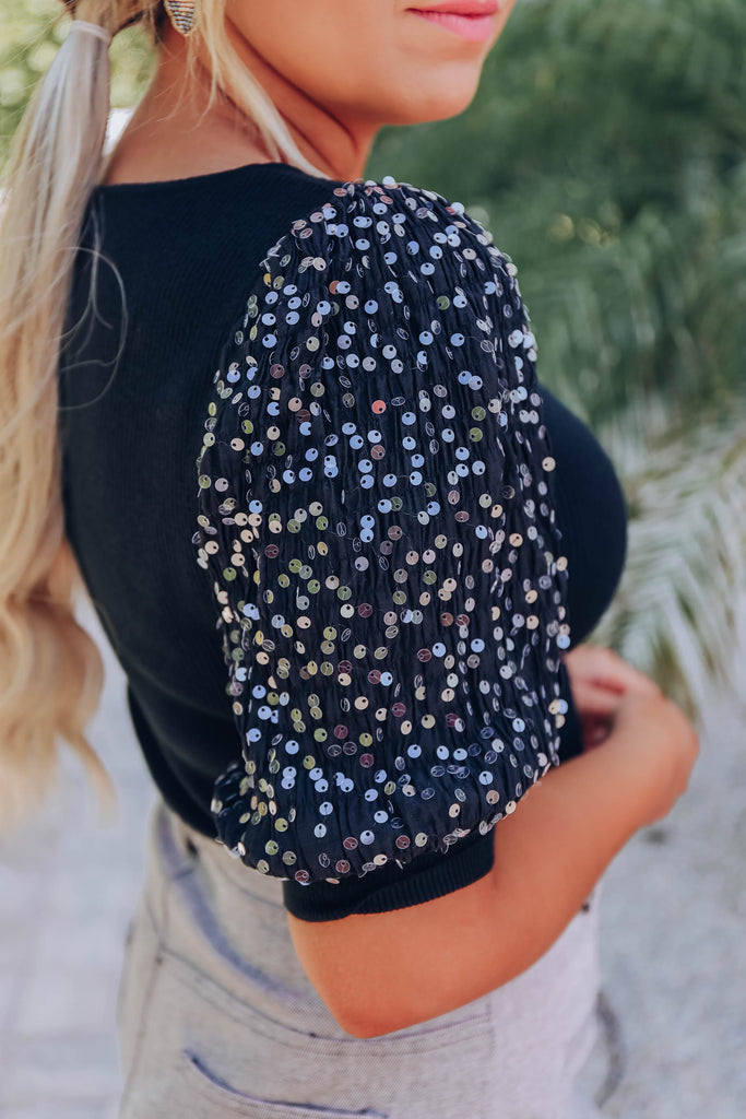 Ziah Sequin Puff Sleeve Blouse - Black
